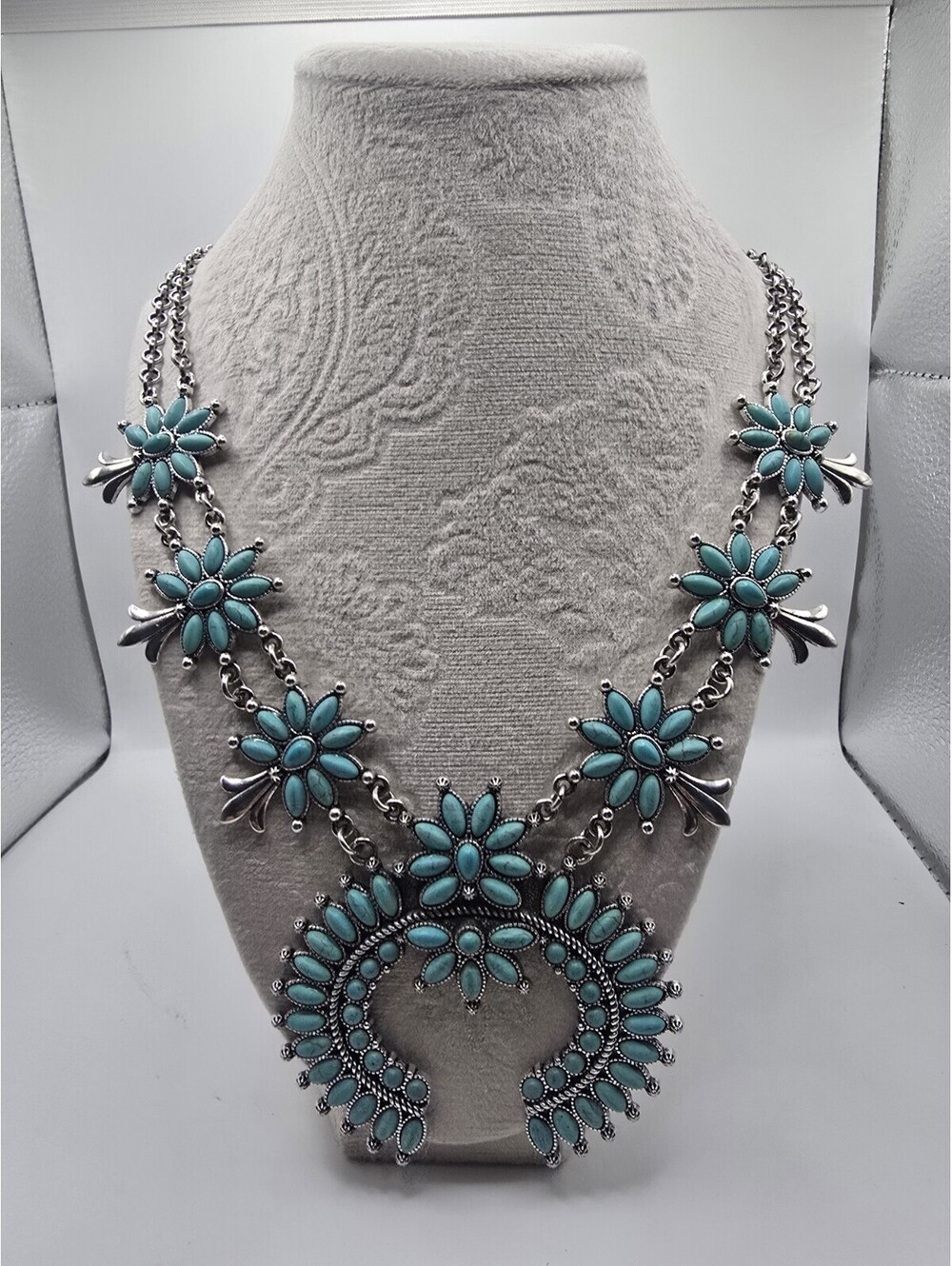 Squash Blossom Necklace Costume Silver Tone Faux Turquoise Southwestern 20-23"